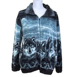 Cobblestone Canyon blue/black wolf fleece Jacket, vintage, southwestern, 90s